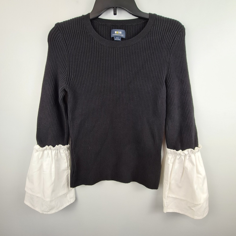 Maeve Anthropologie Black Ribbed Knit Sweater White Ruffle Cuff Medium NWT